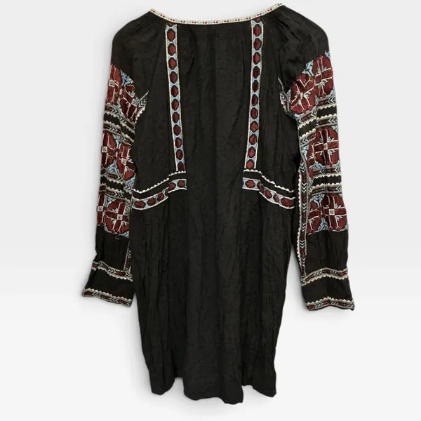 Free People Black Embroidered Mini Dress V-Neck Tassel Boho Gauze Womens Medium - Image 8