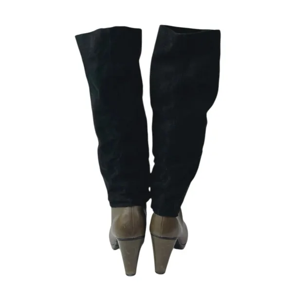 Joy Chen Women's Black Brown Suede Leather Round Toe Heeled Tall Boots Size 7 - Image 3