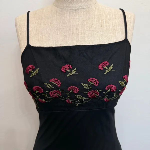 Vintage Monster Girl Medium Maxi Dress Black Rose Floral Mesh Overlay 90s Goth - Image 3