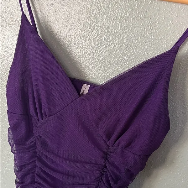 Lucy in the Sky Deep Purple Ruched Mini Dress - Image 2