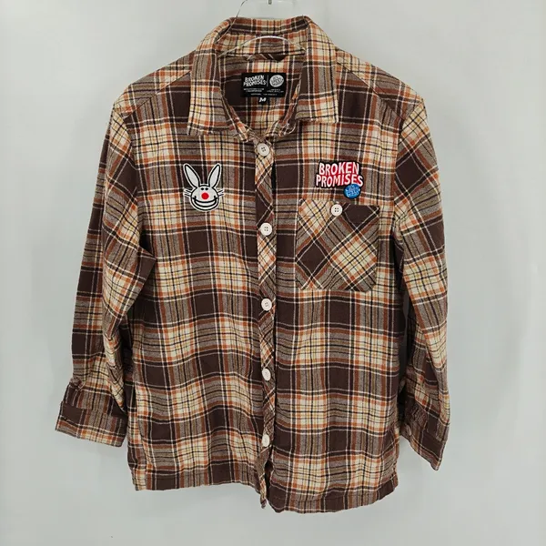 Broken Promises x‎ Happy Bunny Graffiti Brown Flannel Shirt. Size M. - Image 2