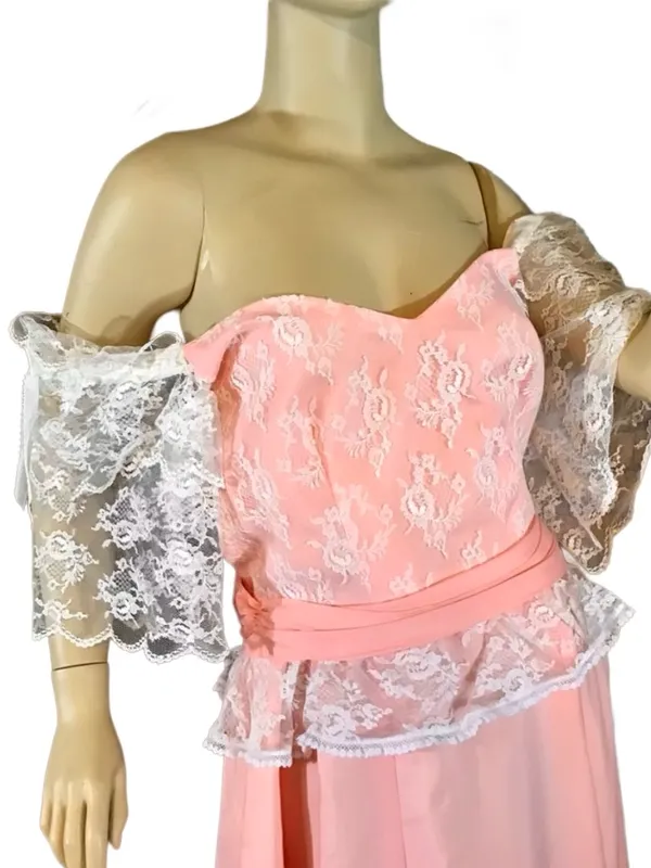 Vintage Mid To Late 70'S Peach Off-The-Shoulder Lacey Party Dress (M) - Image 5