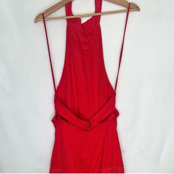 Anthropologie Solid Fringe Halter Maxi Dress Red Size 12 - Image 5