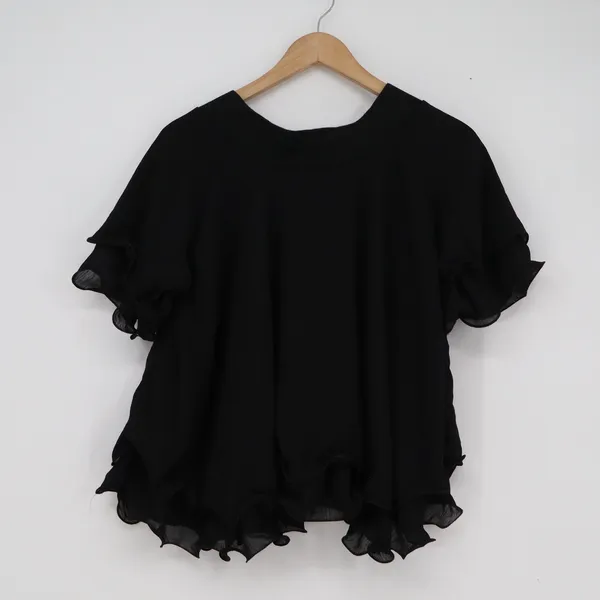 Unbranded Black Ruffle Hem Short Sleeve V-Neck Blouse Relaxed Fit Top Womens - Image 3