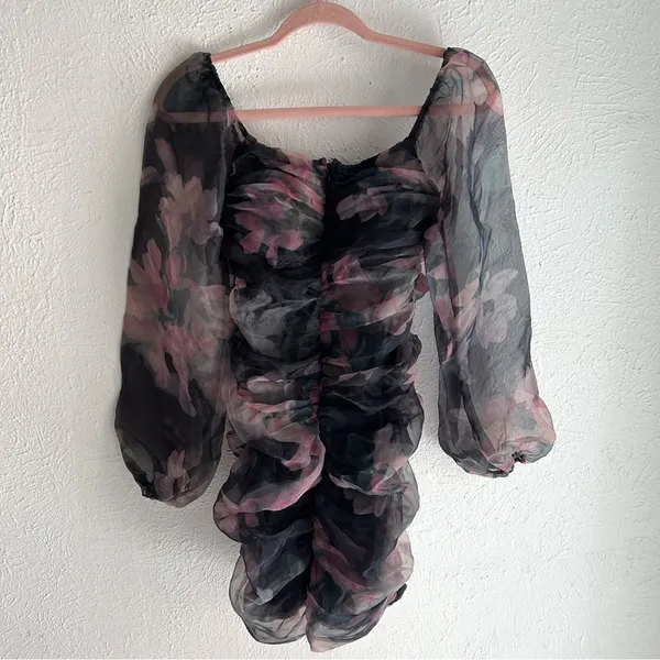 Lulus Midnight Mirage Black Floral Ruched Organza Bodycon Mini Dress Small - Image 3