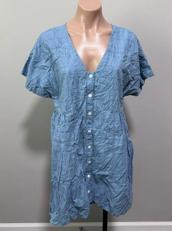 Madewell Eyelet Button-Front V-Neck Mini Dress Large Blue - Image 2
