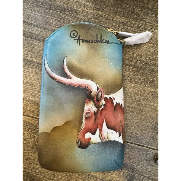 Anuschka Handpainted Leather Phone Eyeglasses Case Pouch Texas Longhorn - Image 3
