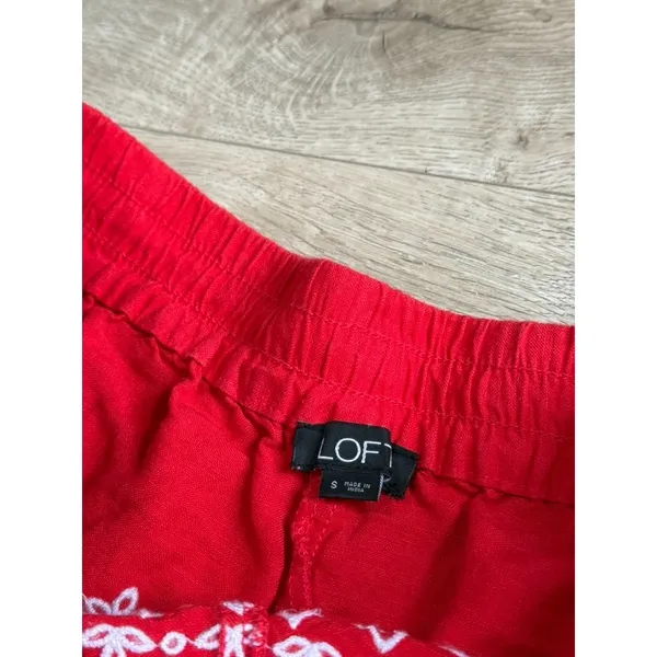 LOFT Red Embroidered shorts LINEN VISCOSE drawstring BOHO pockets Fray Edge sz S - Image 4