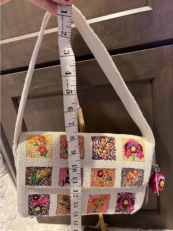 Boho Embroidered Floral Cream Shoulder Bag Patchwork Hand Sewn Beaded Purse NWT - Image 7