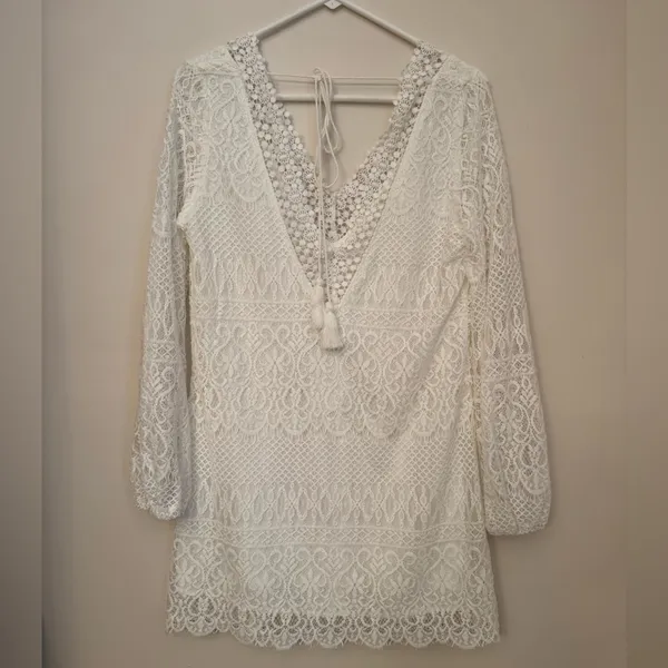 Mustard Seed White Lace Boho Mini Dress Long Sleeve V-Neck Size Medium NWT - Image 3