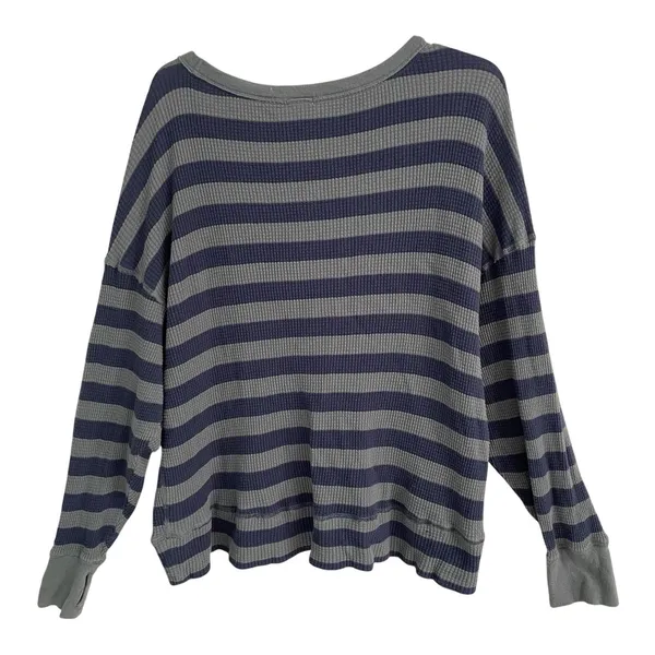 OFFLINE By Aerie Oversized Shirt Women's Medium Long Sleeve Striped Waffle Navy - Image 4