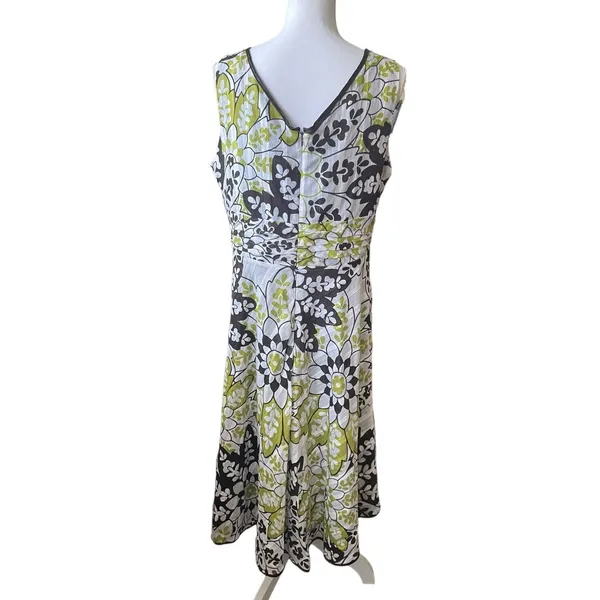 Amanda Lane Women‎ Retro Mod Floral Midi Dress 14 Green Brown V-Neck A-Line - Image 2