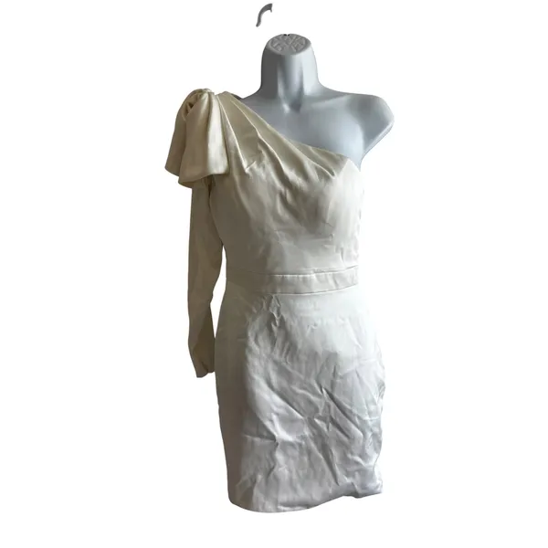 NWT IEENA Mac Duggal Mini Dress 6 White‎ One Shoulder Satin Bow Bridal #B865 - Image 3