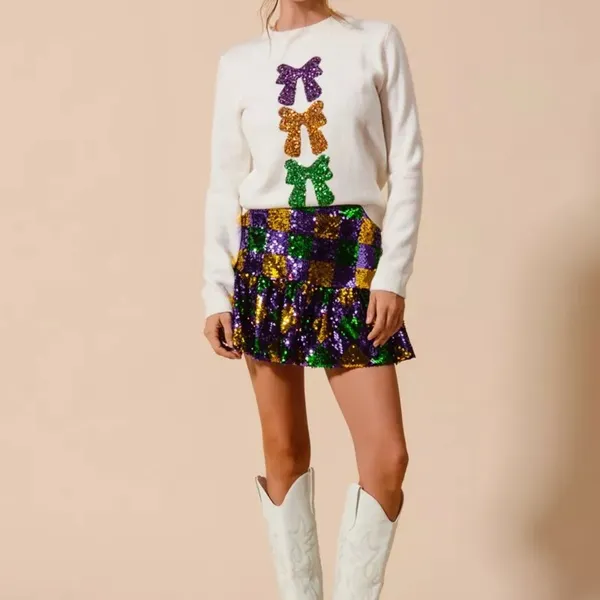 SO‎ ME Mardi Gras Checker Sequins Mini Skirt Size L - Image 7