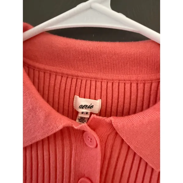 Aerie Women Coral Pink Ribbed Knit Short Sleeve Polo‎ Sweater Size Medium Preppy - Image 3