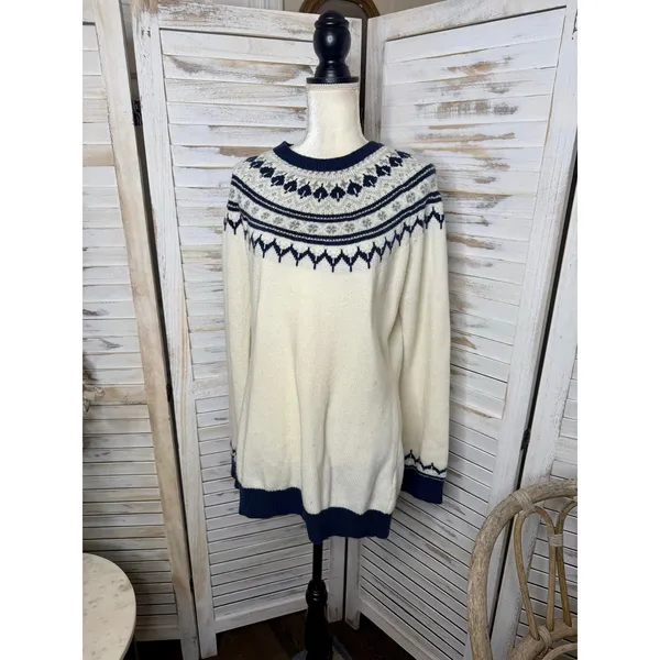 AMOUR VERT Women's XL Whistler Nordic Fair Isle Ribbed Knit Sweater Navy Cream - Image 6