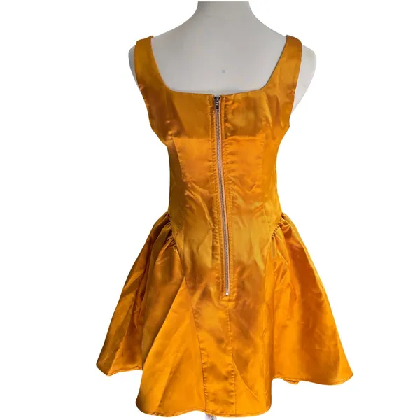 NWT Micas Satin Puff Hem Sleeveless Mini Dress Size‎ S Yellow Ochre - Image 3