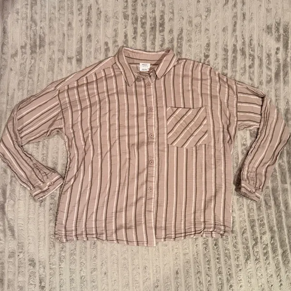 RVCA Womens Tan Striped Gauze Button Down Shirt Oversized Long Sleeve Large - Image 2