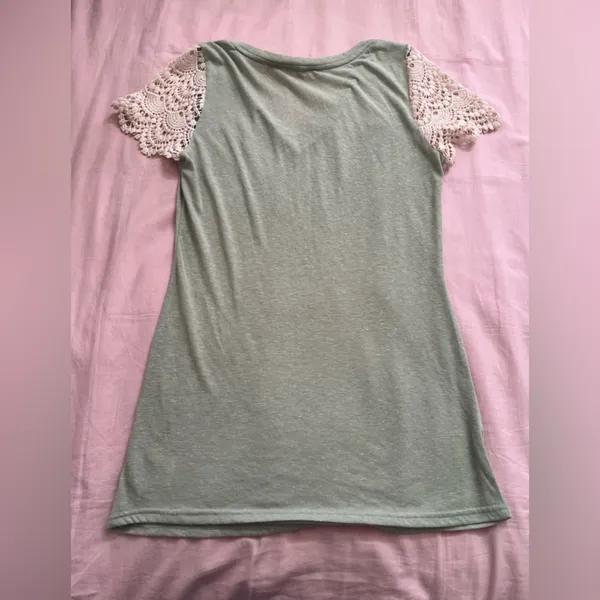 Miss Me Sage Green Top with Cream Lace Sleeves - Image 5