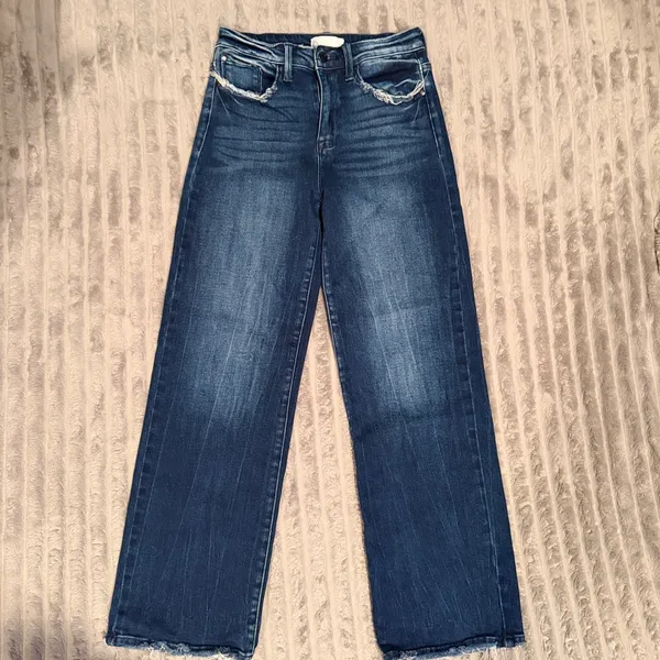 Petra 153 Womens High‎ Rise Wide Leg Jeans Dark Wash Raw Hem Size 5/26 - Image 2