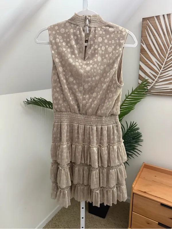 MSK Sleeveless Gold Metallic Polka Ruffle Tiered Dress M - Image 2