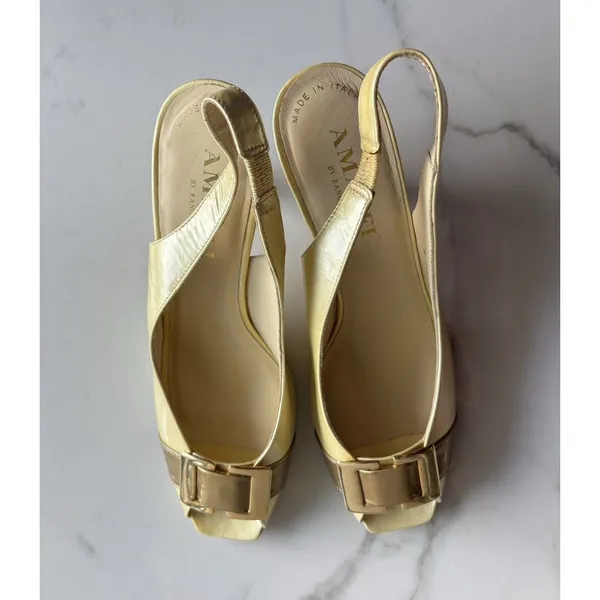 Amalfi by Rangoni Leather Peep Toe Slingback Heels Size 8AA Yellow Gold Italy - Image 5