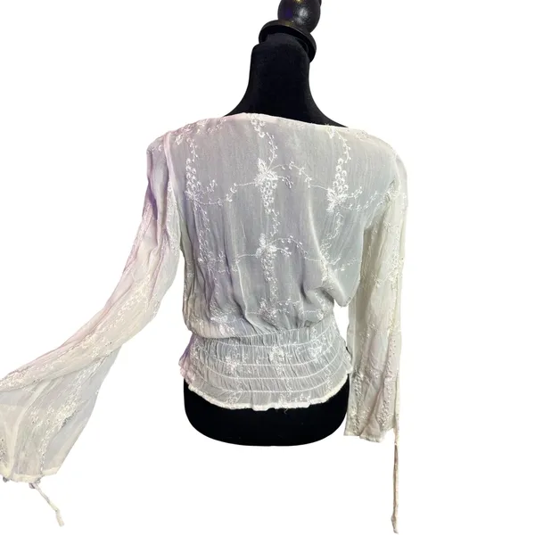 Women's Embroidered Smocked Top Size S Ethereal Fairycore Split Sleeve Sheer - Image 3