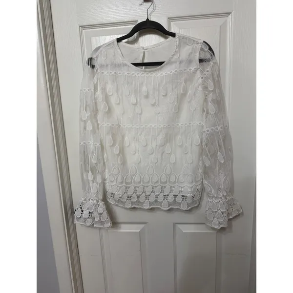 Zara White Embroidered Lace Mesh Long Sleeve‎ Top with Bell Cuffs Size Large - Image 2