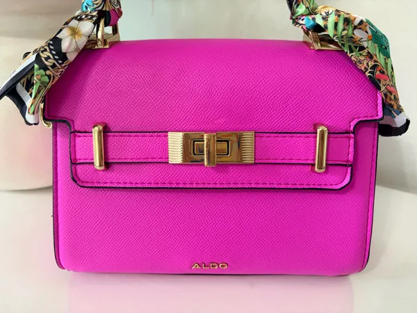ALDO Hot Pink Satchel Handbag Scarf Handle Gold Hardware Statement Y2K - Image 3