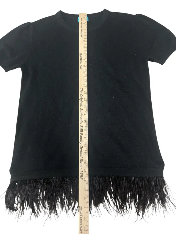 Black Feather-Hem Cashmere Short Sleeve Tee Sweater - Image 2