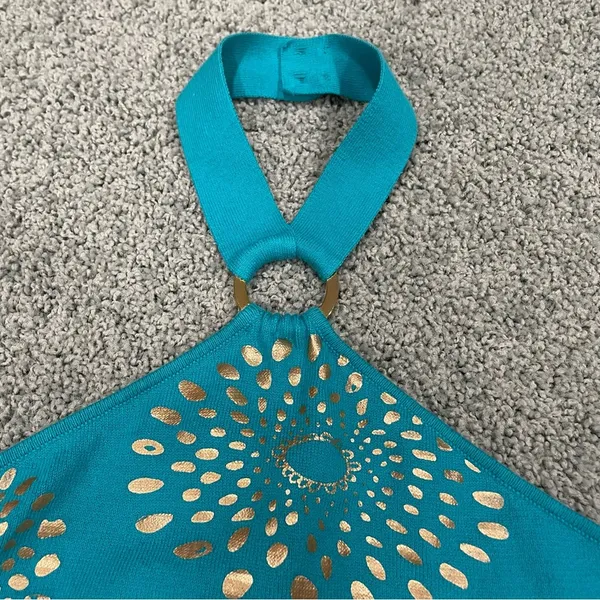 Y2K Halter Top Sz Medium Turquoise Metallic Printed Top - Image 5