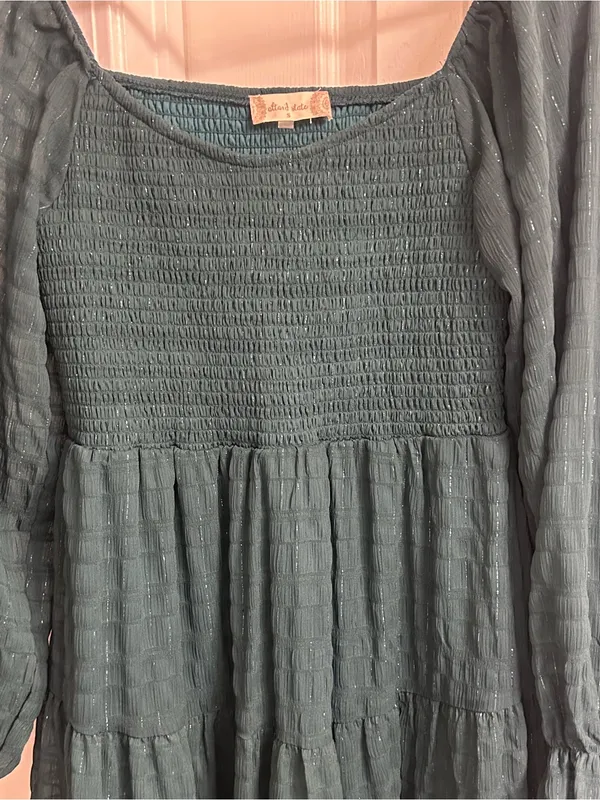 Altar’d State Green Smocked Tiered Dress Sheer Long Sleeve Shimmer Boho S - Image 2