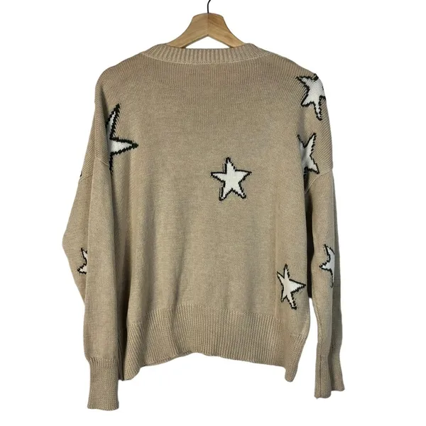 Pink Lily Beige Star‎ Print Crewneck Pullover Sweater M - Image 2
