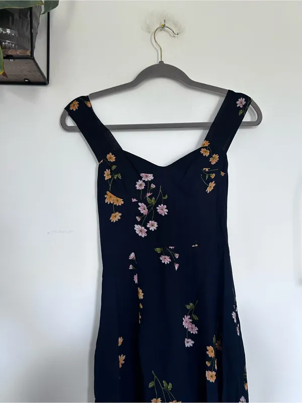 NWT Reformation Navy w/ Floral Print Sweetheart Neckline Midi Dress Size 0 - Image 3