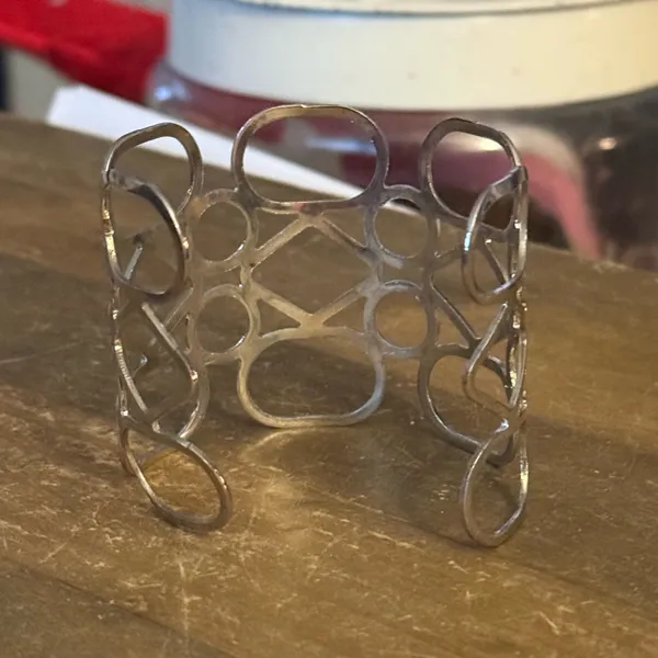 Silver tone wide geometric cutout cuff bangle bracelet - Image 5