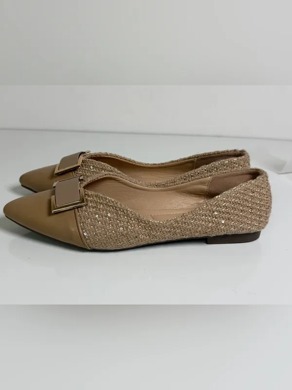 LDEBAO Women’s Tweed Pointed Toe Ballet Flats Beige Gold Buckle Sz US 8 - Image 4