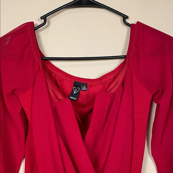 Windsor Women’s Red Faux Wrap Boning V-Neck Long Sleeve Blouse - Image 2