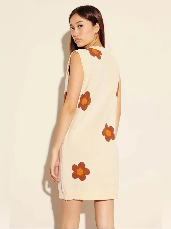 Miss Sparkling Cream Brown Floral V Neck Sleeveless Knit Sweater Mini Dress NWT - Image 3