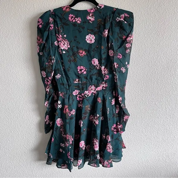 LINI Isabelle Floral Mini Dress Teal Pink Puff‎ Long Sleeve V-Neck Fit & Flare - Image 6