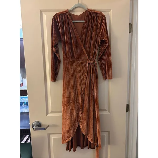 NEW Rust Ribbed Velvet Wrap Long Sleeve Belted Dress L - Image 3
