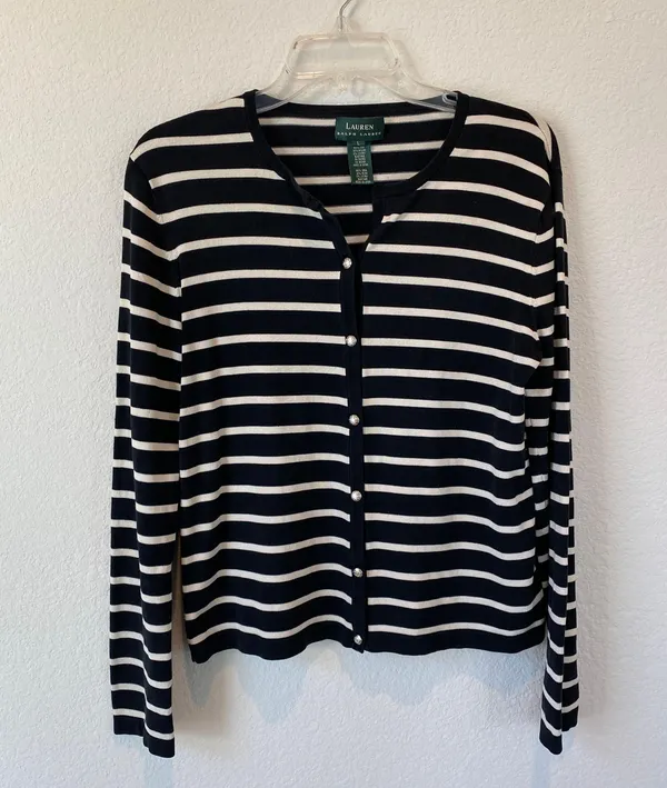 Ralph Lauren Silk Blend Navy & White Coastal Cardigan size large - Image 4