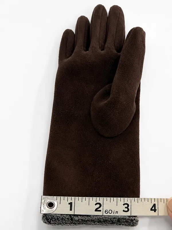 ONE SIZE Brown Faux Suede Fleece Lined Winter Gloves Button Cuff - Image 4