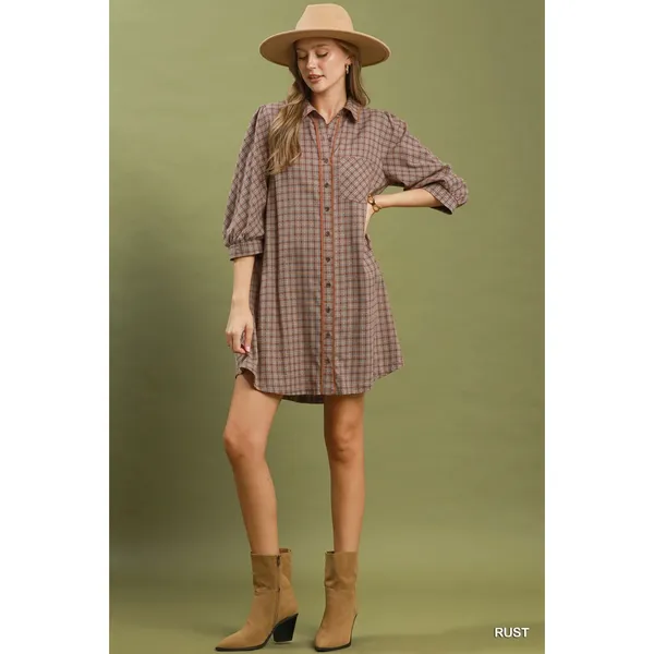 Umgee Plaid Button Down Oversized Shirt Dress - Rust - Medium - Image 5