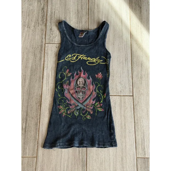 Vintage Ed Hardy Skull & Dagger Womens Graphic Tank Ribbed One Size - Image 4