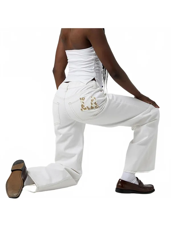 Pacsun Casey Low Rise Baggy Jeans Leopard LA & Heart Patch White NWT Tirza Sz 24 - Image 3