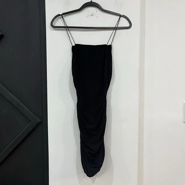 Pretty Little Thing Black Bodycon Ruched Dress US 4 UK 8 Strappy Party Cocktail - Image 3