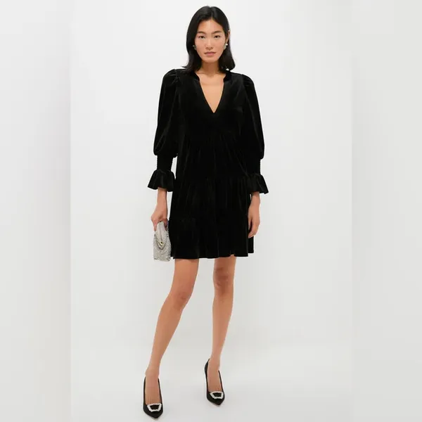 Pomander Place Black Velvet ‘Kenzo’ V Neck Tiered Long Sleeve Dress, Size XL - Image 2