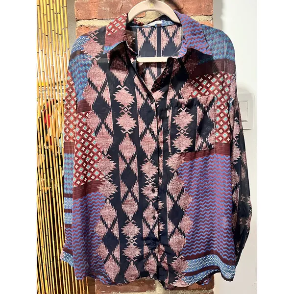 Glamorous 70s Style Boho Western Patchwork Sheer Blouse Size 10 - Image 2