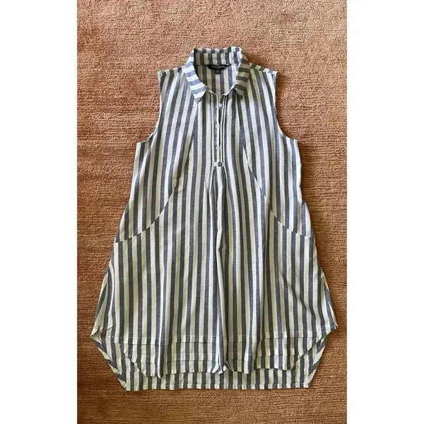 Sharagano Blue White Striped Sleeveless Tunic Top Dress Pockets Women’s M - Image 2