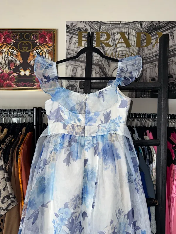 Lulus Sweet Composure Blue Floral Organza Off Shoulder Midi Dress Medium New NWT - Image 13